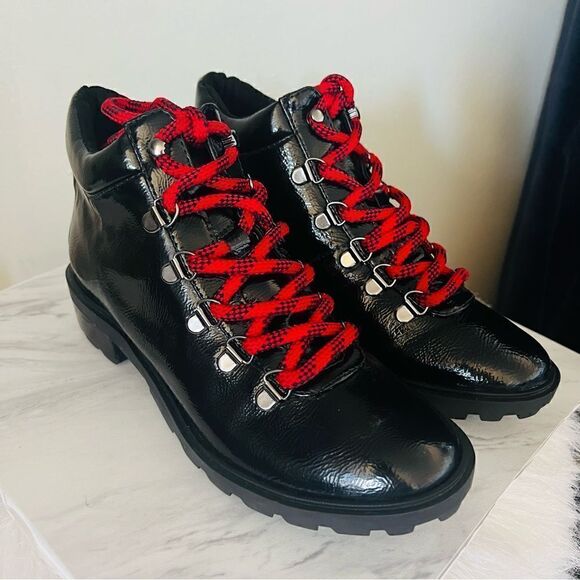SCHUTZ Patent Leather‎ Hiking Boots Booties, Red Laces/Black, Size 6.5, NWOT - Picture 15 of 17